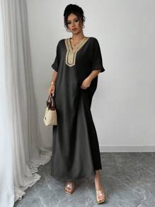 Chiquease 纯色纹理V领针织花卉开衩宽松女式短袖连衣裙 - 黑色 - 查看 8