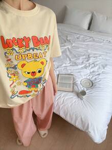DAZY Conjunto de pijama para mujer con Top de camiseta holgada con estampado de dibujos animados lindos y pantalones de unicolor