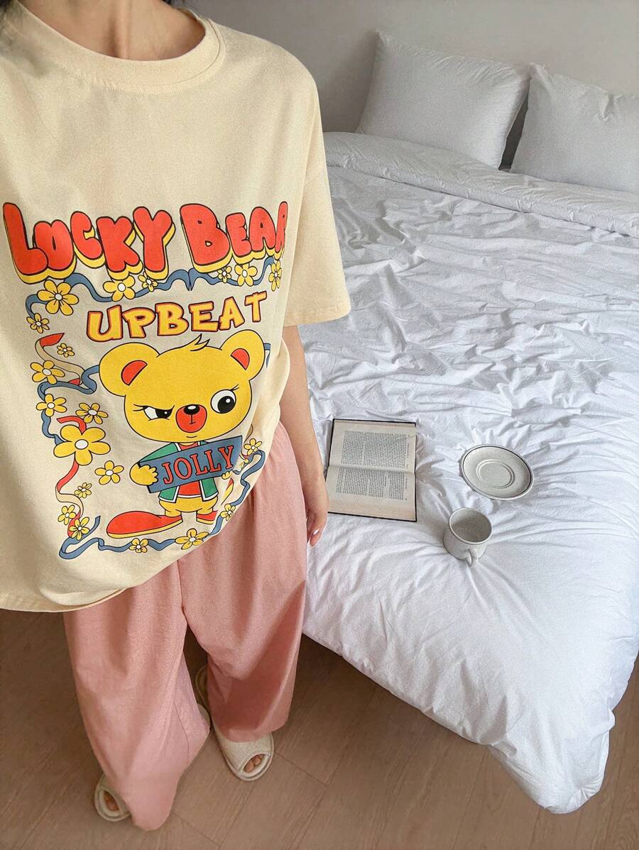 DAZY Conjunto de pijama para mujer con Top de camiseta holgada con estampado de dibujos animados lindos y pantalones de unicolor