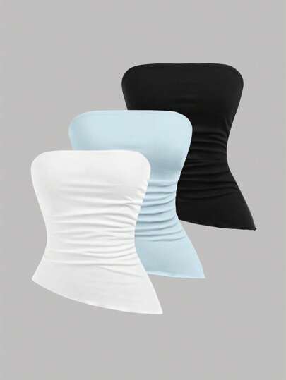 Girlism Conjunto de 3 piezas para adolescentes: top tubo de punto negro, blanco y azul con pliegues en la cintura y bajo asimétrico, top deportivo versátil de estilo callejero, top sin tirantes de verano