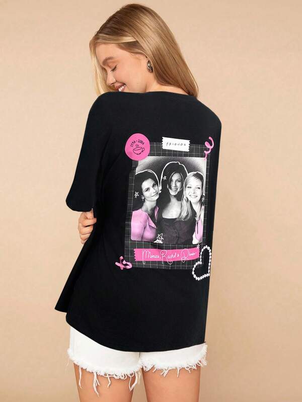 FRIENDS X SHEIN Elena Ilustra Camiseta de mujer con cuello redondo y manga corta, de moda para el verano