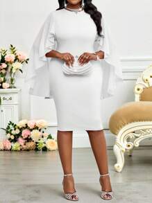 SHEIN Lady Elegante vestido de manga de capa, cuello redondo, fluido y ajustado a la cadera, de punto y gasa en rosa, para bodas, Pascua, graduaciones, invitadas de boda, vacaciones y estilo boho para mujeres