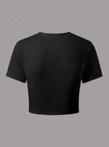 SHEIN Tween Girl Starfish Print Round Neck Short Sleeve Cropped T-Shirt, Summer - Black - View 2