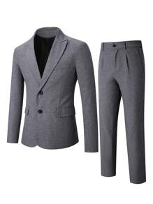 Manfinity Mode Men's Solid Color Lapel Neck Long Sleeve Blazer And Pants Suit Set - Dark Grey - View 3
