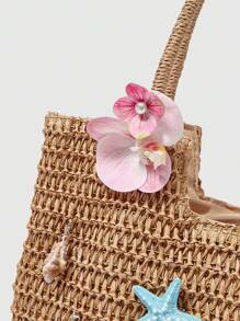 ROMWE Fairycore 1件花朵、贝壳和海星图案夏季新款沙滩包、手工草编托特包、大容量单肩包（配件需DIY组装） - 彩色 - 查看 2