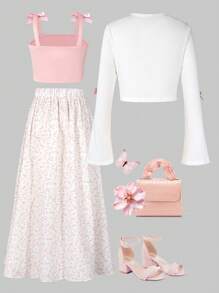 SHEIN Tween-Mädchen 3-teiliges Freizeit-Outfit-Set, bestehend aus einem Unterhemd mit Schmetterlings-Akzent, einem Midirock mit Blümchenmuster und einer weißen Jacke mit Schleifendekor, elegant und bequem, geeignet für Frühling/Sommer, passend für Mutter und Tochter