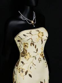 SHEIN ICON 女士亮片花卉图案紧身亮片装饰抹胸连衣裙 7 月 4 日女士服装 - 黃色 - 查看 11