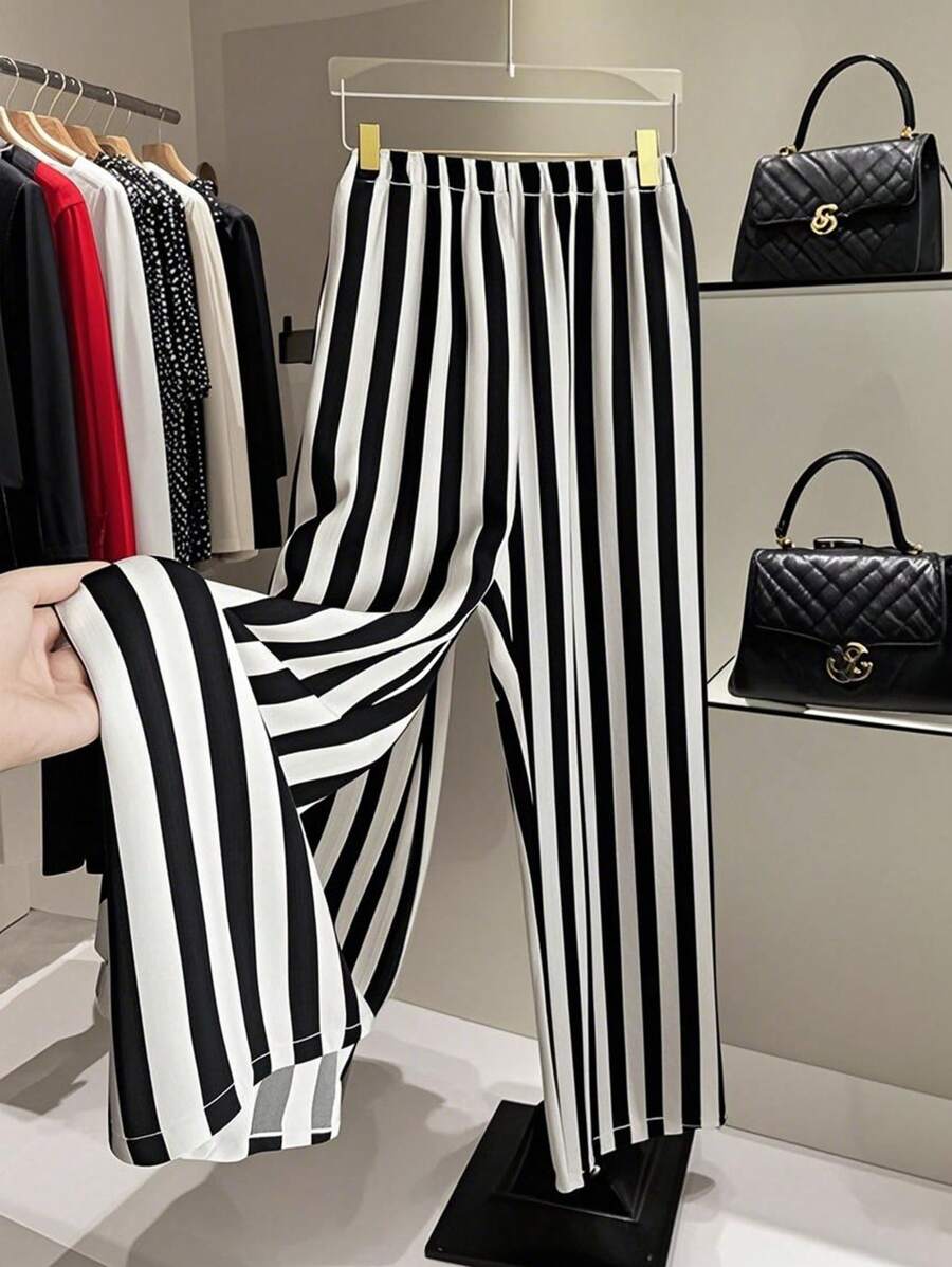 Franclia 女式拼色条纹休闲长裤 - 黑與白 - 查看 1