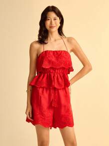 CAJUNI 女士夏季休闲蕾丝边露背系带背心，适合海滩度假 - 紅色 - 查看 4