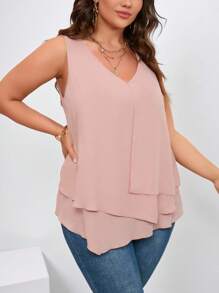 SHEIN Clasi Plus Solid Asymmetrical Hem Blouse - Coral Pink - View 4