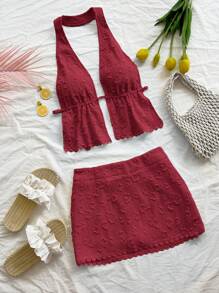 Soleia Bộ 2 món đồ nữ vải kết cấu ren hoa viền yếm hở lưng buộc dây áo crop top cho kỳ nghỉ hè, tiệc tùng, trang phục thường ngày hẹn hò, lễ hội âm nhạc, phong cách boho - Màu Đỏ Sâu - Xem 3