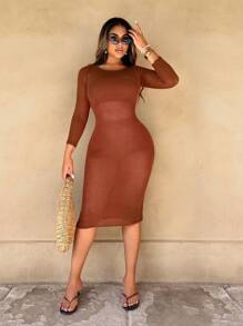 Zolique Women's Solid Color Round Neck 3/4 Sleeve Tie-Back Form-Fitting Long Dress Fall Cloth For Women