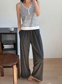 DAZY 条纹背心和纯色直筒裤女式睡衣套装 - 白色 - 查看 4