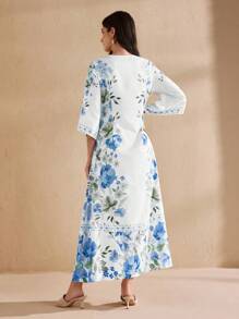 Graceveil 小V领不对称袖定位花沙滩裙