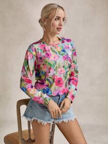 SHEIN LUNE Camiseta de manga larga de cuello redondo holgada con estampado floral minimalista casual para mujer, adecuada para otoño e invierno