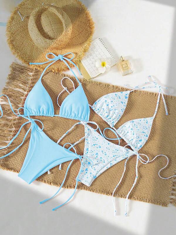 Swim Mod Set de costume de baie bikini pentru femei cu imprimeu floral retro, 2 buc., cu bretele și legături la gât și slip
