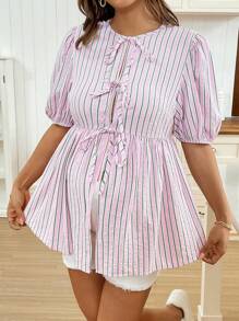 SHEIN Casual Maternity Stripe Front Tie Short Puff Sleeve Shirt    Summer Tops  Ruffle  Maternity Tops  Pink And Green Stripes - Pink - View 6