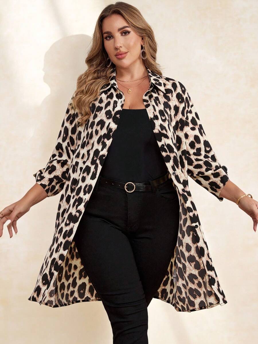 Chikora Plus Size Leopard Print Button Front Long Blouse For Women, Autumn Button Up Women Shirt - Multicolor - View 1