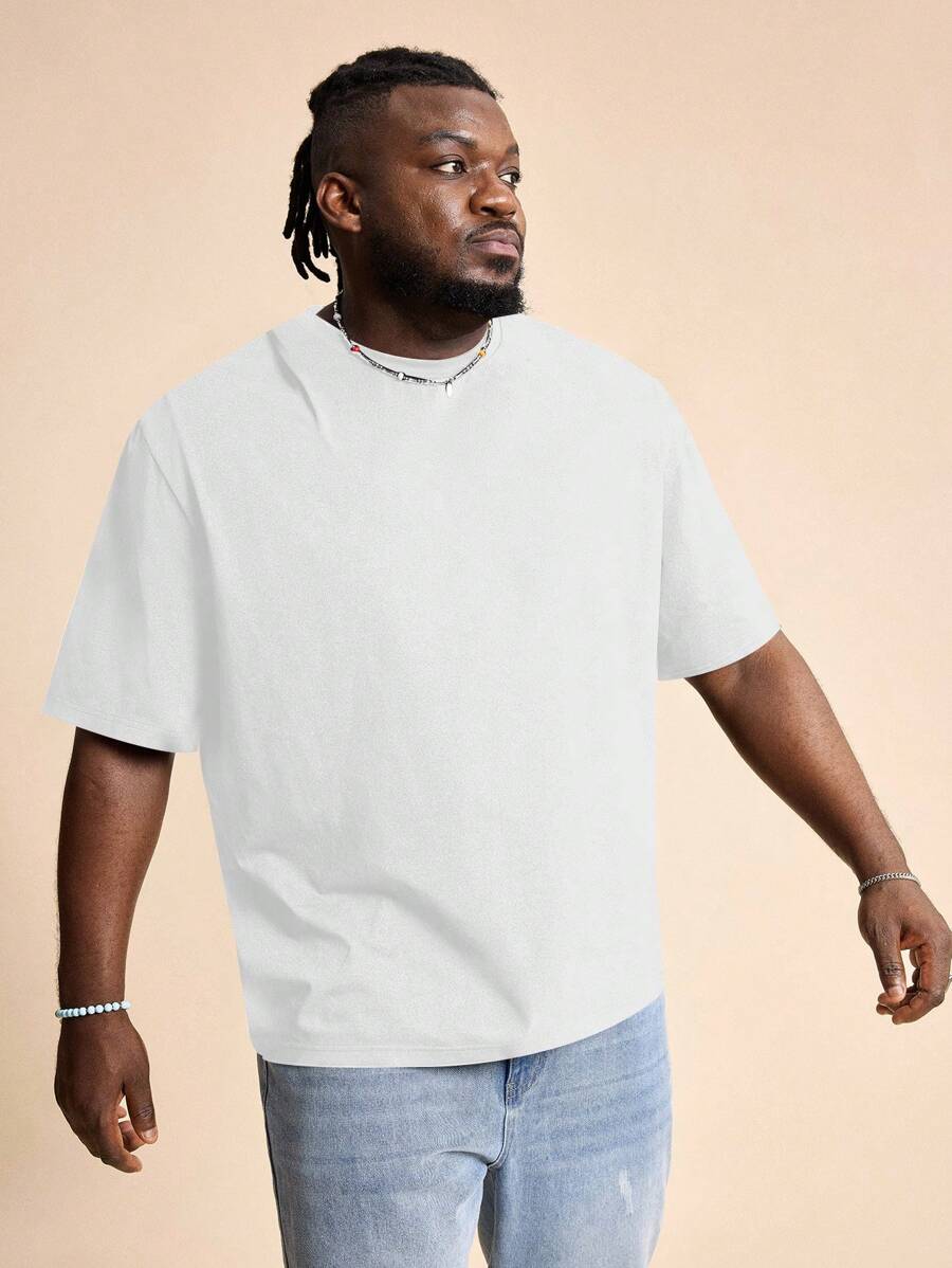 EASEVO Plus Size Men's Casual Loose Knit White Short Sleeve Crew Neck T-Shirt, Suitable For Summer, School - White - View 1