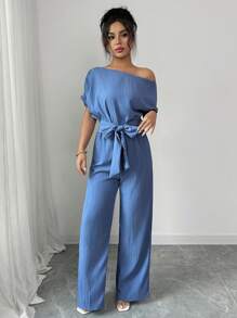 Selianne Women's Spring & Summer Casual Elegant Navy Blue Vertical Stripe Contrast Fabric Asymmetric Collar Raglan Sleeve Short Sleeve Front Tie Design Jumpsuit - Blue - View 5