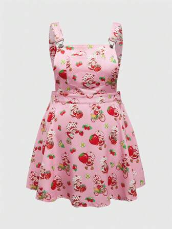 Plus Size Casual Cartoon And Strawberry Print Pinafore Dress