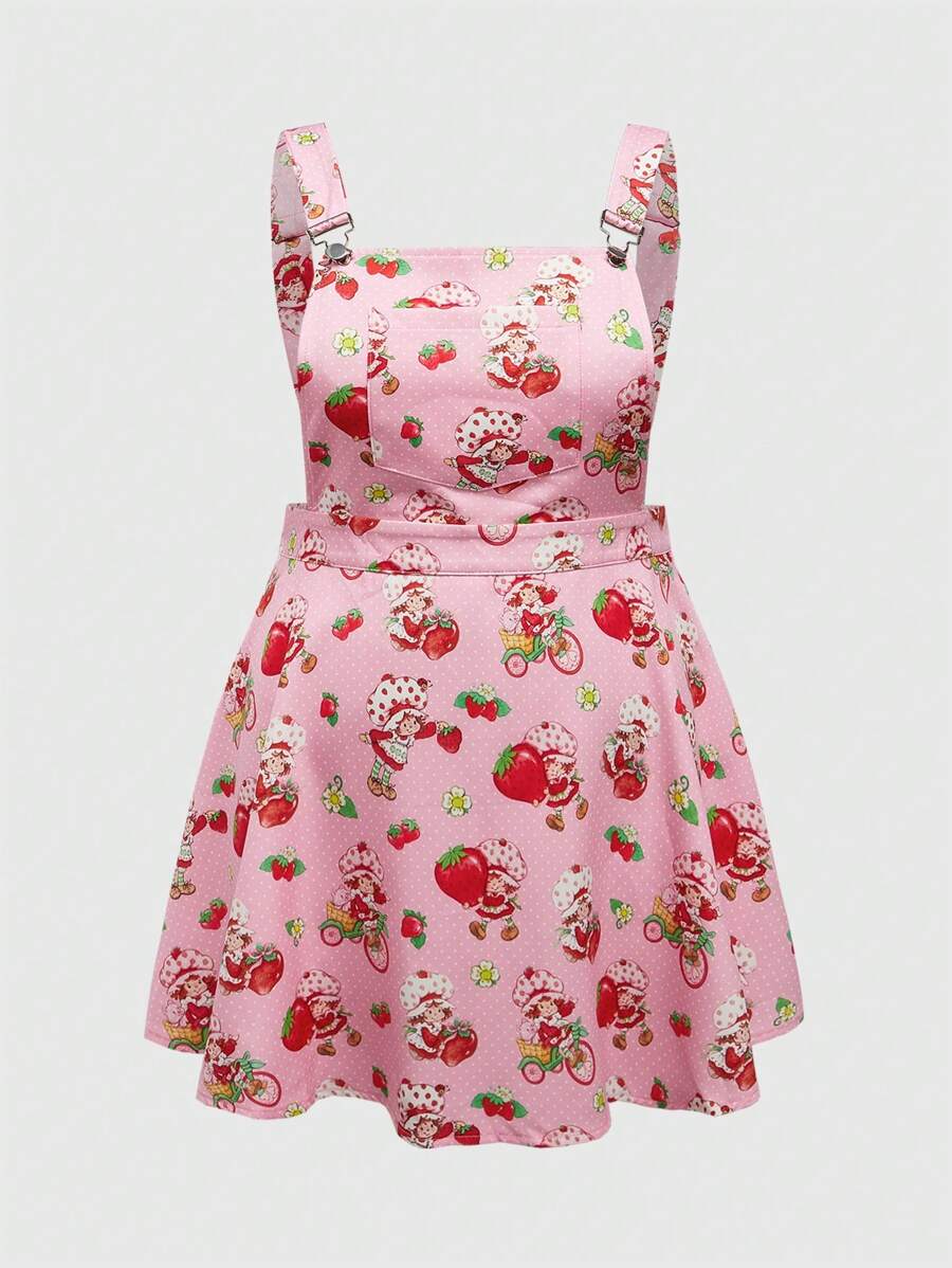 Strawberry Shortcake | ROMWE Vestido de tela con peto de talla grande con estampado de dibujos animados y de fresas