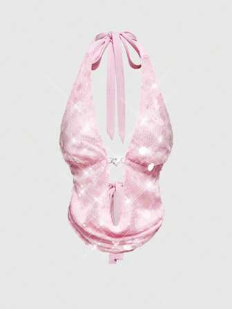 Top corto tipo chaleco para mujer con cuello drapeado, rosa, con abalorios, estilo retro Y2K de glamour de vacaciones en isla sexy