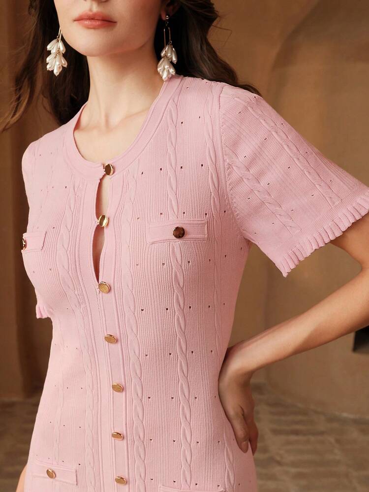 Elegant Solid Color Knitted Heavy-Weight Perforated Twist Rope Aran Cable Knit Long Sleeve Frill Trim Button-Up A-Line Dress, Suitable For Autumn, Winter, Formal, Party, Elegant, Leisure, Work, Graduation, Wedding