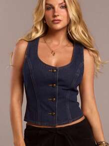 SHEIN Forever 21 Women Romantic/Prom/Formal/Birthday/90s /Business Casual Woman/Elegant/Western Wear/Going Out/Fashion/Casual/Y2k /Club/Office /Cocktail/Vintage/Bodycon/Rave Festival/Funny/Classy/Old Money/Streetwear/Vacation/Country Concert /Work /Modest/Spring Break/Bachelorette /Concert/Baddie/Basic/Graduation/Fitted/Cowgirl /Commuting Fairy Style Denim Top - Blue - View 1