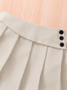 SHEIN Conjunto de 3 piezas para niñas preadolescentes: Top de camisola blanco, chaleco de escote en V y falda plisada, ropa de oficina elegante