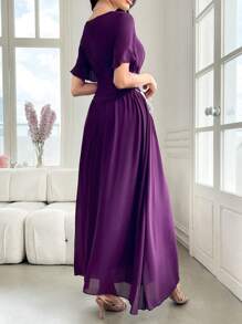Modelyn Women's Long Chiffon Flared Sleeve Side Tie Waist Elegant Dress, Spring/Summer - Purple - View 2
