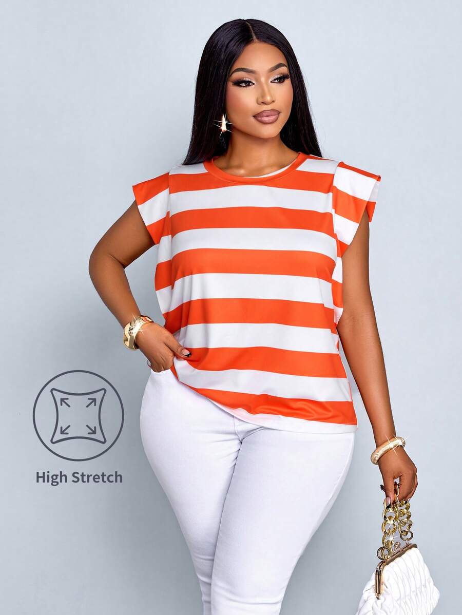 SOLERSUN 大码春夏新款条纹圆领无袖宽肩荷叶边修身T恤休闲度假优雅时尚女装 - 橘色 - 查看 1