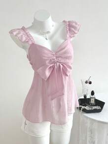 Breezaya 甜美性感女士蝴蝶结盖袖衬衫，采用网眼雪纺面料制成，娃娃装上衣 - 粉色 - 查看 3