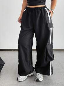 POPSWAY Damen Große Größen Lässig Schwarz & Weiß Gestreiftes Trägertop + Gestreifte Weit geschnittene Cargohose mit großen Taschen