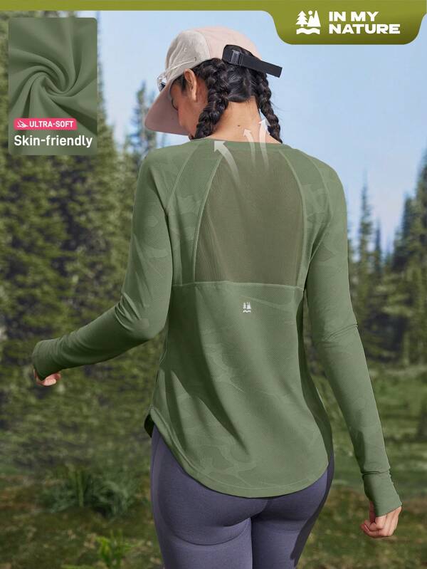 In My Nature In My Nature Damen atmungsaktives Mesh-Patchwork Yoga Pilates Sport T-Shirt, hochdehnbarer hautsympathischer Stoff, lila Design mit offenem Daumenlochabschluss, geeignet für Outdoor-Training, Laufen, Sommer-Wanderbekleidung für Frauen