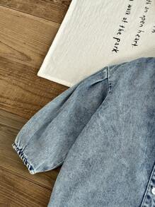 SHEIN Mädchen lange, weite Denim-Bluse mit umlegekragen und elastischem Bündchen