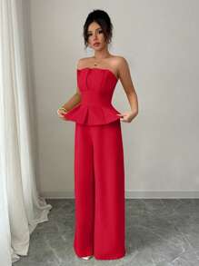 Elenzga 女士纯色收腰直筒阔腿裤，优雅无袖连体裤，适合通勤和休闲穿着 - 紅色 - 查看 3