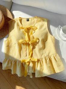 Comfortcana Women's Summer Yellow & White Plaid Sleeveless Woven Shirt Dress - Yellow - View 5