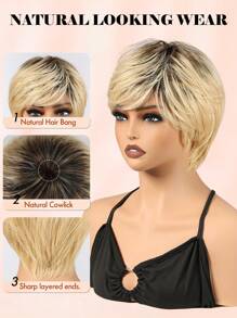 Pixie Cut Short Real Human Hair Wig With Bangs Wear&Go Wig For Women Blonde With Dark Roots Color 150% Density - S2/24 - View 4