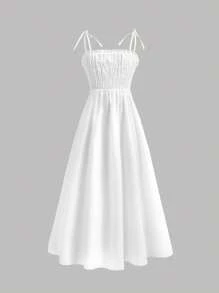 SHEIN Vestido maxi con tirantes y pliegues para niñas preadolescentes, ideal para vacaciones, uso diario y ocasiones versátiles, en color blanco, apto para primavera/verano y vuelta al colegio