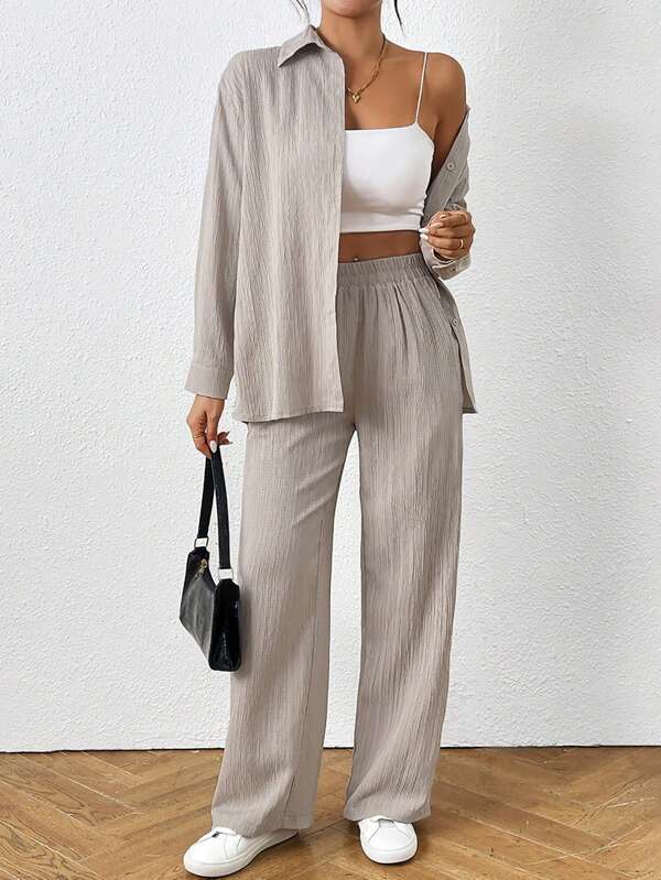 SHEIN Tall 2 件套女士休闲纯色长袖纽扣衬衫和裤子套装，纹理面料