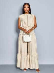 SOLERSUN Spring/Summer Women's Wear Everyday Leisure Vacation Apricot Woven Crew Neck Button Back Slit Short Sleeves Gathered Shoulders Elastic Gathered Waist Layered Legs Long Jumpsuit - Apricot - View 5