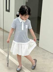 SHEIN Little Byeori 少女灰色条纹休闲短袖连衣裙，带荷叶边领口和下摆 - 彩色 - 查看 3