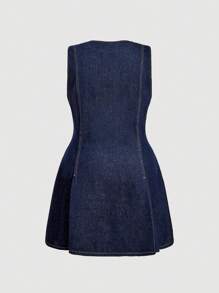 SHEIN MOD MOD 大码女式夏季单排扣圆领无袖休闲牛仔连衣裙 - 深色水洗藍 - 查看 2