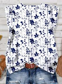 EMERY ROSE Curve Plus Size Women's Daily Casual Vacation V-Neck Small Cap Sleeve Floral Loose Shirt,Summer Outfits For Women,Vacation Outfits Women,Women Summer Clothes,Going Out Tops Women,Cute Summer T