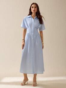 SHEIN Tall Women's Summer Waist Cinched Pleat Single-Breasted Stripe Short Sleeve Shirt Dress - Blue and White - View 4