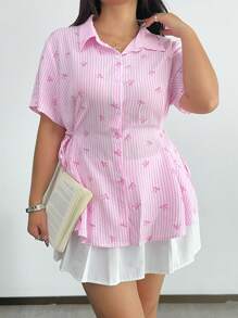 POPSWAY Áo sơ mi cài nút kẻ sọc nơ cỡ lớn cho nữ, thường ngày và dễ thương màu hồng - Hồng - Xem 5