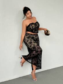 Firerie Plus Size Casual Elegant Vacation Beach Romantic Elastic Lace Patchwork Contrast Color Lining Tube Top And Skirt Set, Spring/Summer