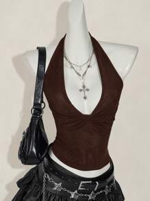 SHEIN ICON Women Casual Deep V-Neck Twist Halter Backless Camisole - Coffee Brown - View 3