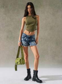 LYSMO Short en jean ample déchiré et effiloché avec poches, style décontracté pour femme - Bleu azur - Voir 3